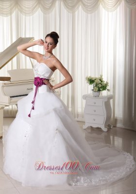 Organza Sweetheart Weding Gown Handle Flowers Belt Court Train
