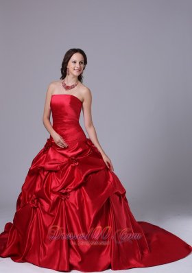 Strapless Wine Red Ball Gown Bridal Dress Court Train Pick-ups