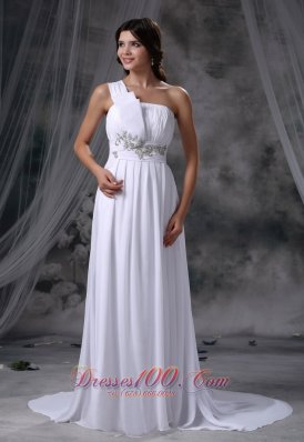 Beading One Shoulder Brush Train Chiffon Wedding Dress