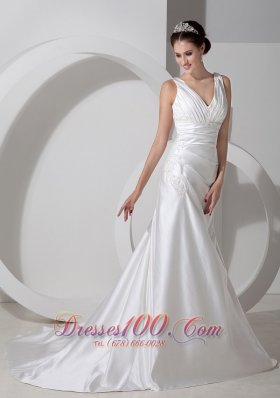 Column Wedding Dress V-neck Court Train Ruch and Appliques