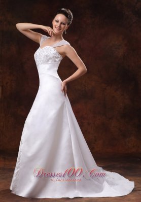 Straps Court Train Satin Church Wedding Dress With Embroidery