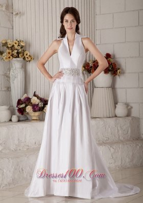 Vintage High-neck Wedding Bridal Gown Beaded Belt Taffeta
