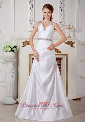 Satin Wedding Dress V-neck Beaded Straps Brush Train