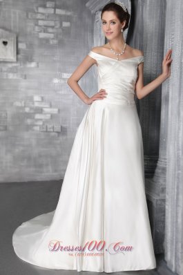 White Sheath Bridal Dress Rose Accents Off the Shoulder