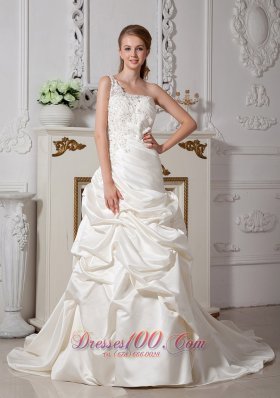 Ivory One Shoulder Appliques Wedding Bridal Dress Court