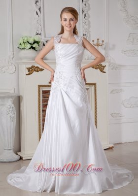 Customize Cap Sleeved Square Bridal Gowns Appliques Court