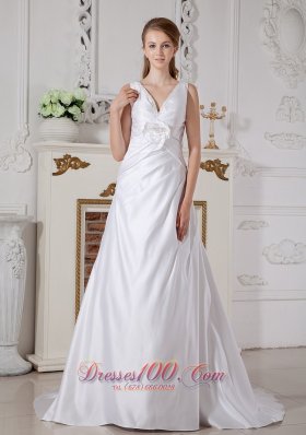 Affordable Wedding Bridal Dress A-line V-neck Piece Satin