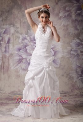 A-line Halter Wedding Gowns Pleated Taffeta Handle Flowers