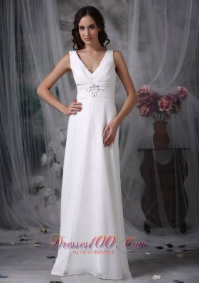 White Apron Beach Wedding Dress Straps V-neck Floor-length