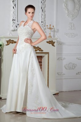 Sweet Column Halter V-Neck Satin Appliques Wedding Gowns