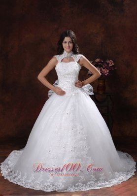 High Neckline Lace Bridal Gowns Chapel Train Lace Skirt