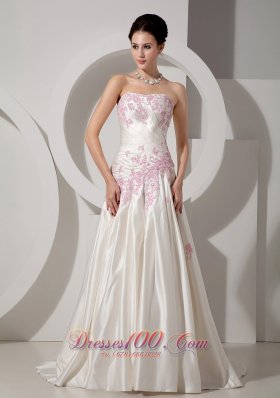 Pink Appliques Ivory Wedding Dress A-line Strapless Court