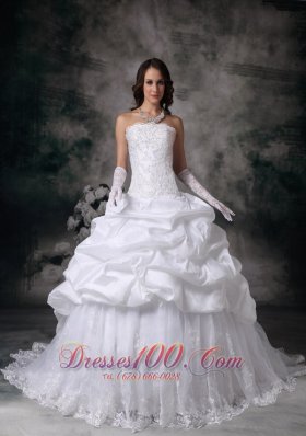 Pick-ups Ball Gown White Wedding Dress Lace Hemline Brush