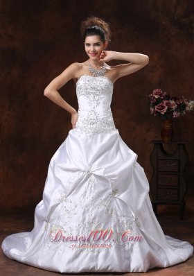 Satin Pick Ups Embroidery Brush Train Wedding Dress