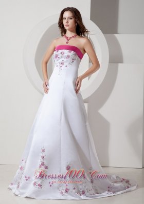 Hot Pink Embroidery Court Train Wedding Dress Colored