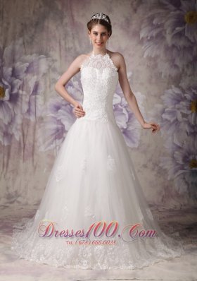 Halter Chapel Train Beading Lace Bridal Wedding Dress