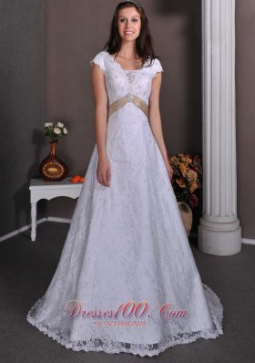 Lace V Neck Beading Court Wedding Dress Bridal