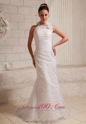 Halter Hand Made Flower Lace Wedding Gowns