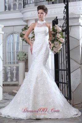 Halter Mermaid Wedding Dress Lace Court Train