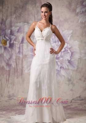 Beaded Spaghetti Straps Wedding Dress Lace Brush Train