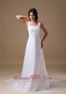 Square Chiffon Lace Straps Wedding Dress Court Train
