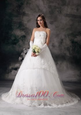 A-line Strapless Bridal Dress Taffeta Lace Court Train