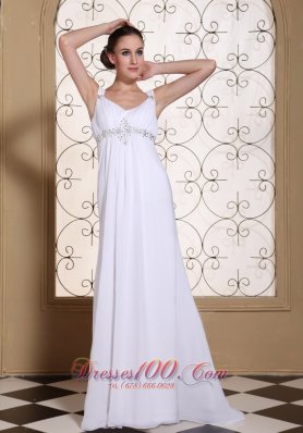Elegant White Prom Dress V-neck Beaded Brush Train Gown