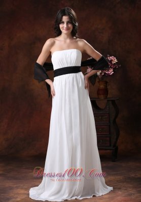 White Chiffon Brush Train Wedding Dress With Black Belt