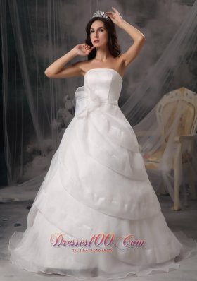 A-line Strapless Court Train Organza Wedding Dress