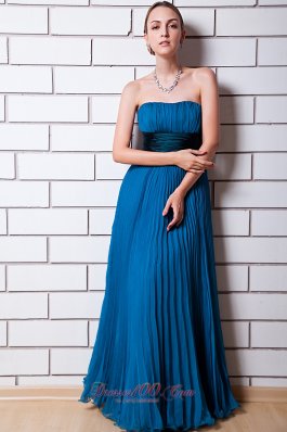 Dodger Blue Pleat Prom Party Wear Maxi Strapless