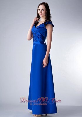 Satin Ankle-length V-neck Royal Bridesmaid Dress Ruched