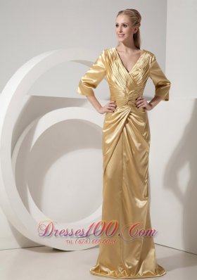 Gold V-neck Evening Dress Taffeta Ruch