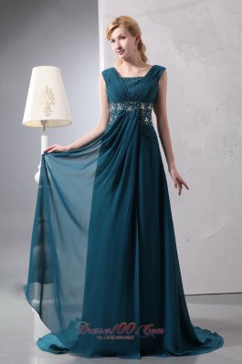 Peacock Green Empire Prom Dress Straps Chiffon Beading