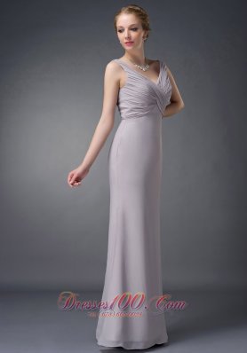 Grey V-neck Ruch Chiffon Mother Of The Bride Dress