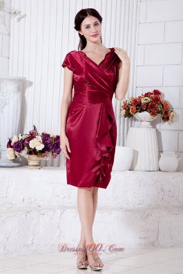 Mother Of The Bride Dress Ruch Wine Red V Neck