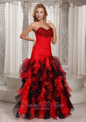 Red and Black Beading Decorate Sweetheart Prom gown