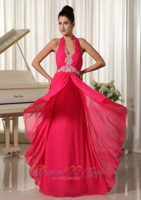 Halter Waist Appliques Chiffon Overlay with Slit Prom Gown