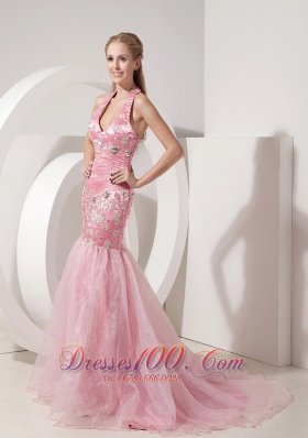 Evening Dress Mermaid Halter Appliques and Beaded Decorated