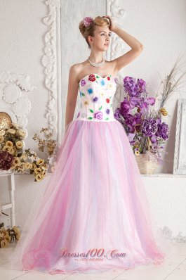 Colorful Appliques Bodice Tulle Overlay Prom Gowns