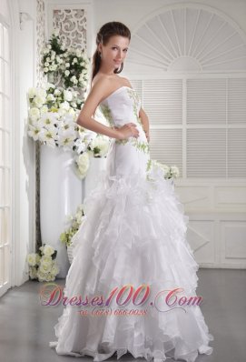 Prom / Evening Dress White Column Green Appliques Ruffles