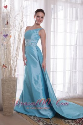 Baby Blue Sheath Prom Dress One Shoulder Watteau
