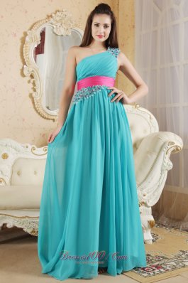 Asymmetrical Sashed One Shoulder Prom Dress Beaded