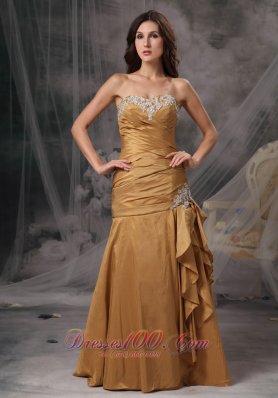 Ruffled Appliques Gold Mermaid Prom Dress Beaded