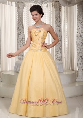 Bow Decorate Beaded Yellow Prom Evening Dress 2014