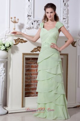 Yellow Green Layers Wide Straps Chiffon Prom Graduation Gowns
