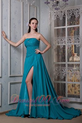 Sexy Slit Court Teal Chiffon Evening Dress Beaded