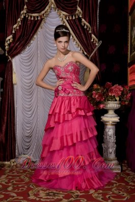 Hot Pink Beaded Brush Train Prom Evening Dress Layered