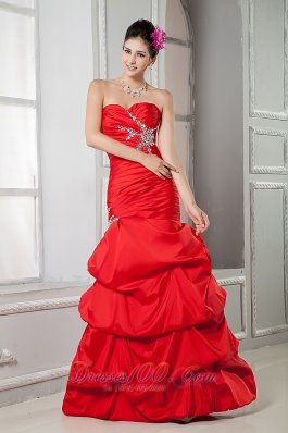 Red Taffeta Mermaid Beading Prom Gown Ruched Pick-up