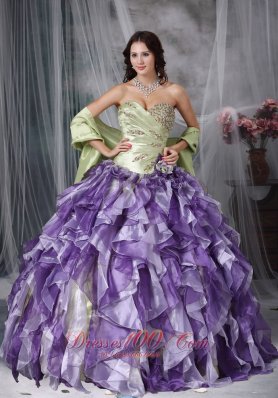 Green and Purple Ruffles Sweetheart Dress for Quince