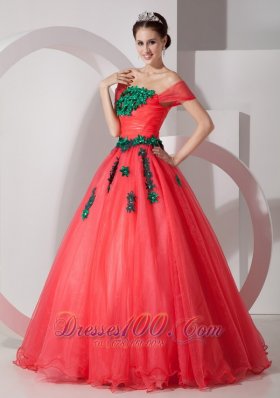 Coral Red Hand Made Flower Off the Shoulder Quince Dress